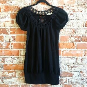 Long Waisted Cap Sleeve Lace Neck Top